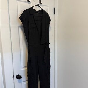 Mango Black Short-Sleeve Utility Jumpsuit with Tie Waist